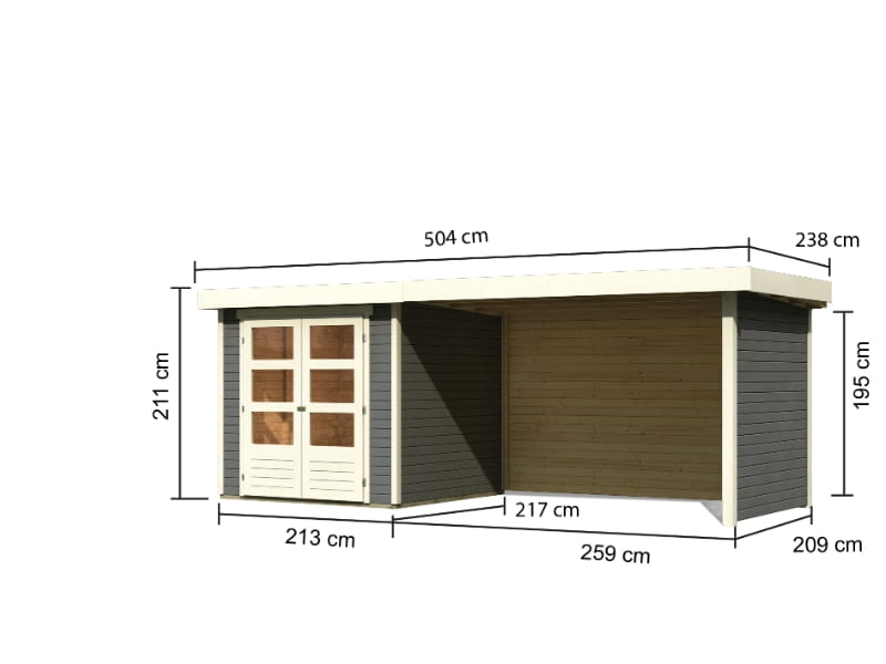 Karibu Gartenhaus Askola 2 terragrau mit Anbaudach 2,80 Meter, Seiten- und Rückwand