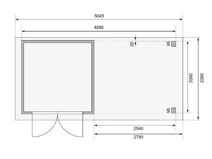 Karibu Gartenhaus Askola 2 terragrau mit Anbaudach 2,80 Meter, Seiten- und Rückwand