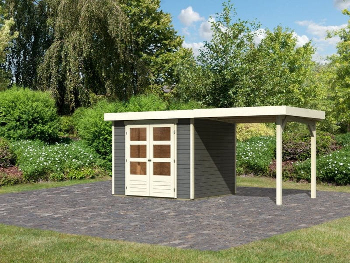 Karibu Gartenhaus Askola 3 in terragrau mit Anbaudach 2,40 Meter