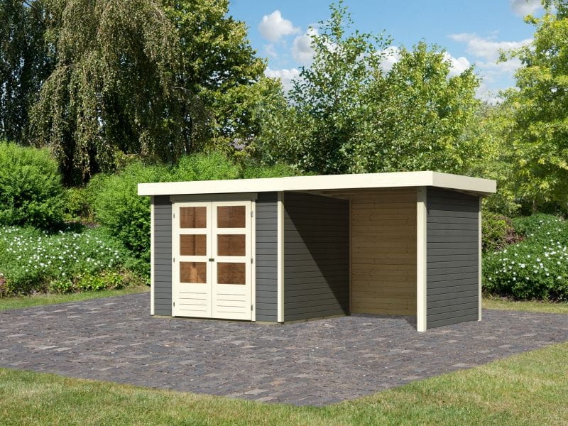 Karibu Gartenhaus Askola 3 in terragrau mit Anbaudach 2,40 Meter, Seiten- und Rückwand