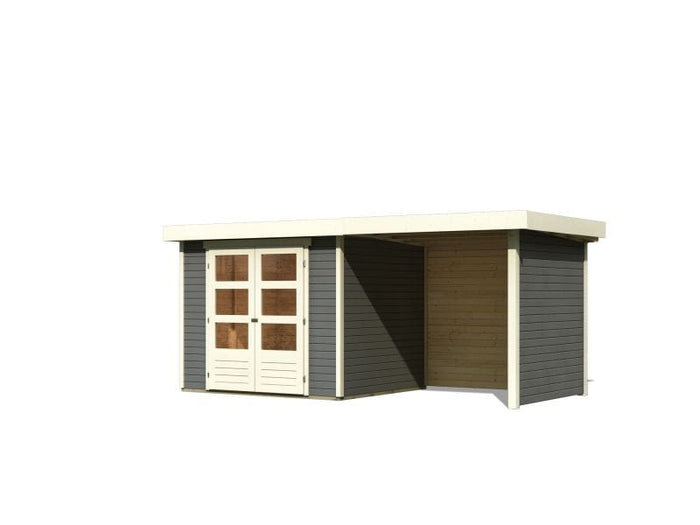 Karibu Gartenhaus Askola 3 in terragrau mit Anbaudach 2,40 Meter, Seiten- und Rückwand