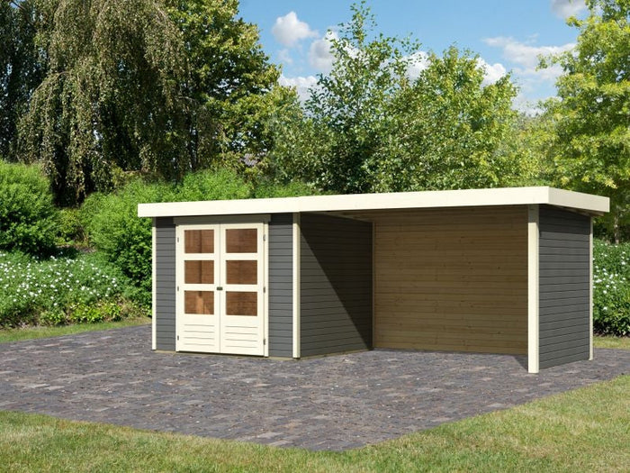 Karibu Gartenhaus Askola 3 in terragrau mit Anbaudach 2,80 Meter, Seiten- und Rückwand