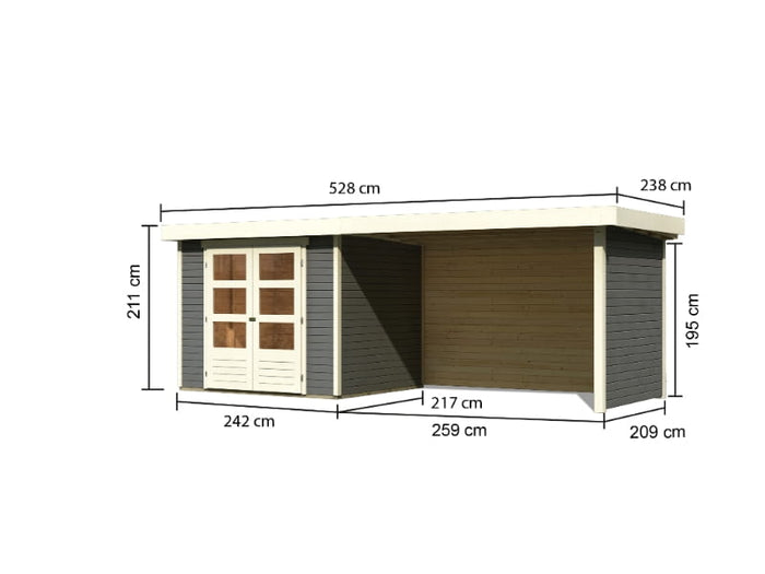Karibu Gartenhaus Askola 3 in terragrau mit Anbaudach 2,80 Meter, Seiten- und Rückwand