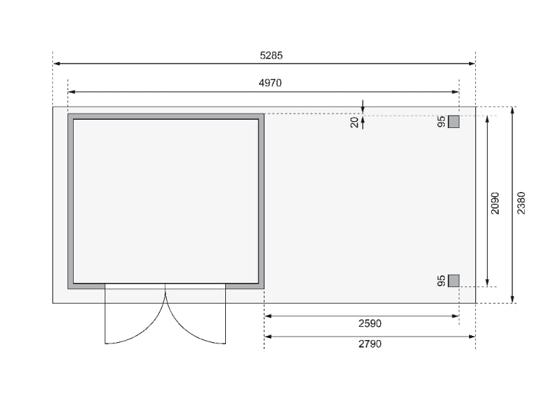 Karibu Gartenhaus Askola 3 in terragrau mit Anbaudach 2,80 Meter, Seiten- und Rückwand