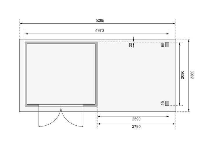 Karibu Gartenhaus Askola 3 in terragrau mit Anbaudach 2,80 Meter, Seiten- und Rückwand