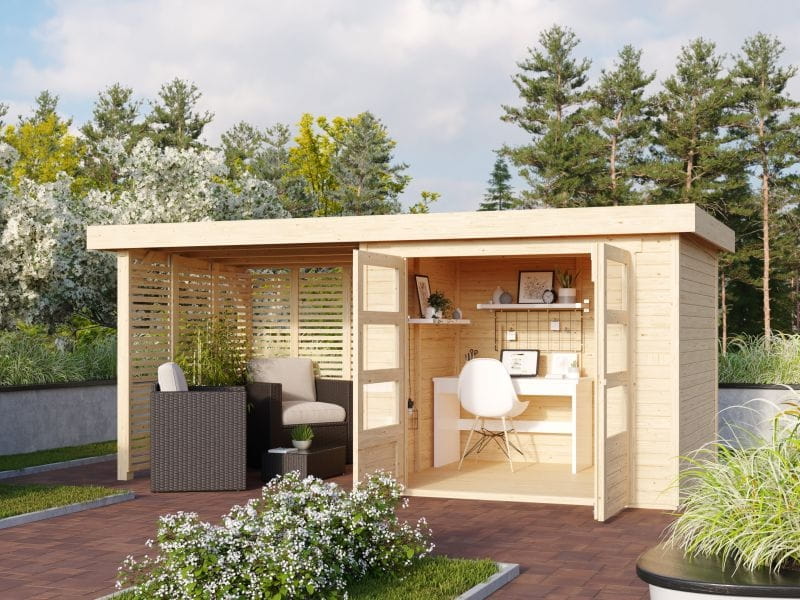 Karibu Gartenhaus Askola 3 mit Anbaudach 2,4 m mit Lamellenwänden