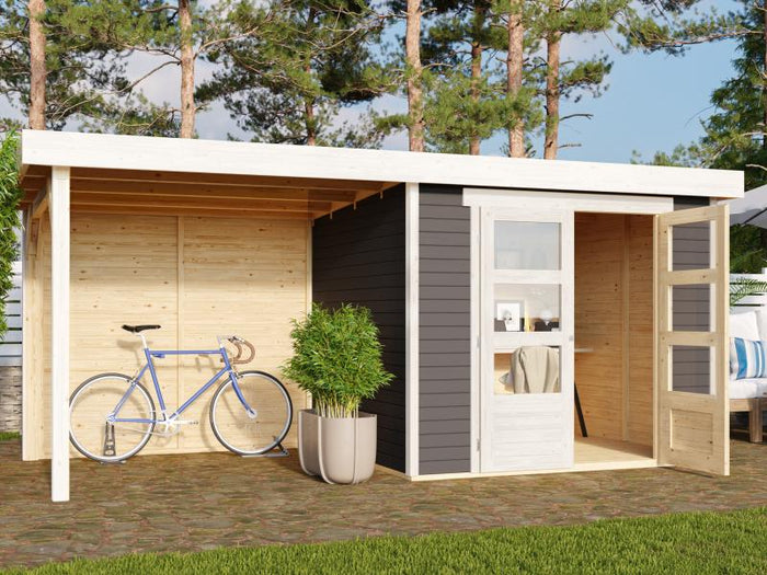 Karibu Gartenhaus Askola 3 mit Anbaudach 2,4 m, Rückwand, terragrau