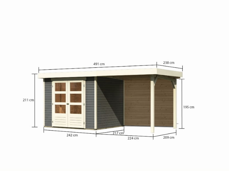 Karibu Gartenhaus Askola 3 mit Anbaudach 2,4 m, Rückwand, terragrau