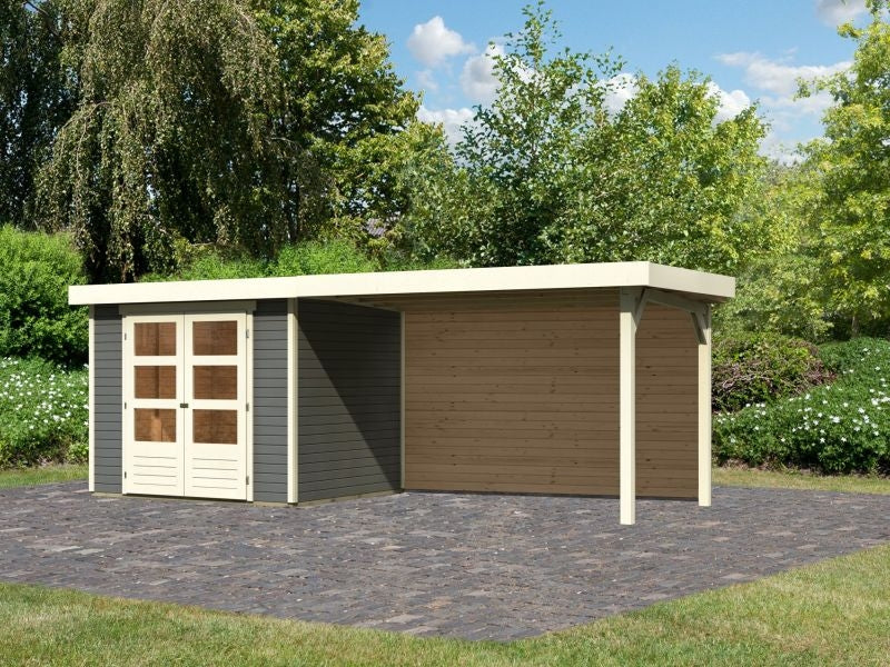 Karibu Gartenhaus Askola 3 mit Anbaudach 2,80 m, Rückwand in terragrau