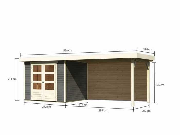 Karibu Gartenhaus Askola 3 mit Anbaudach 2,80 m, Rückwand in terragrau
