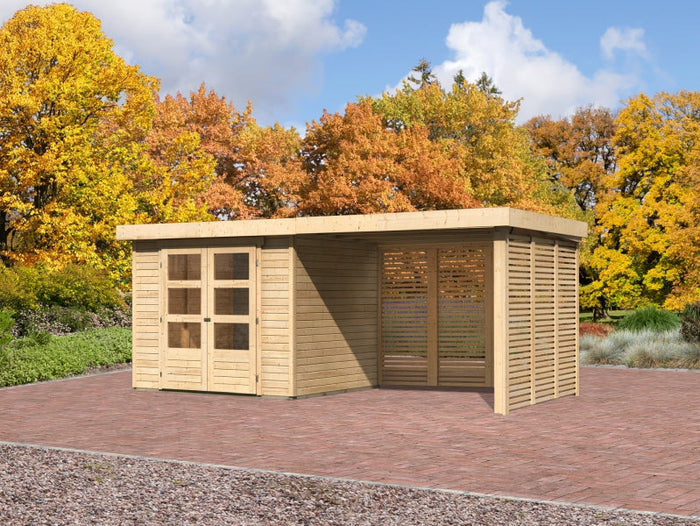 Karibu Gartenhaus Askola 3 mit Anbaudach 2,80 m, Seiten- und Rückwand in Lamellenoptik