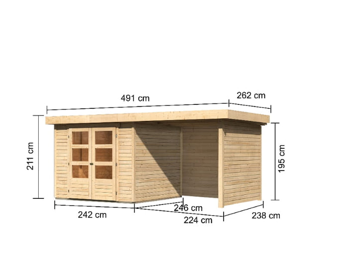 Karibu Gartenhaus Askola 3,5 mit Anbaudach 2,25 Meter, Seiten- und Rückwand