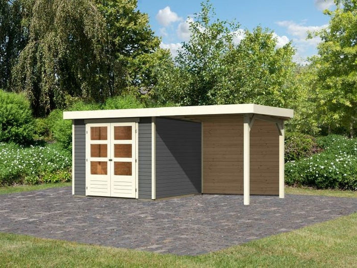 Karibu Gartenhaus Askola 3,5 mit Anbaudach 2,4 m, Rückwand, terragrau