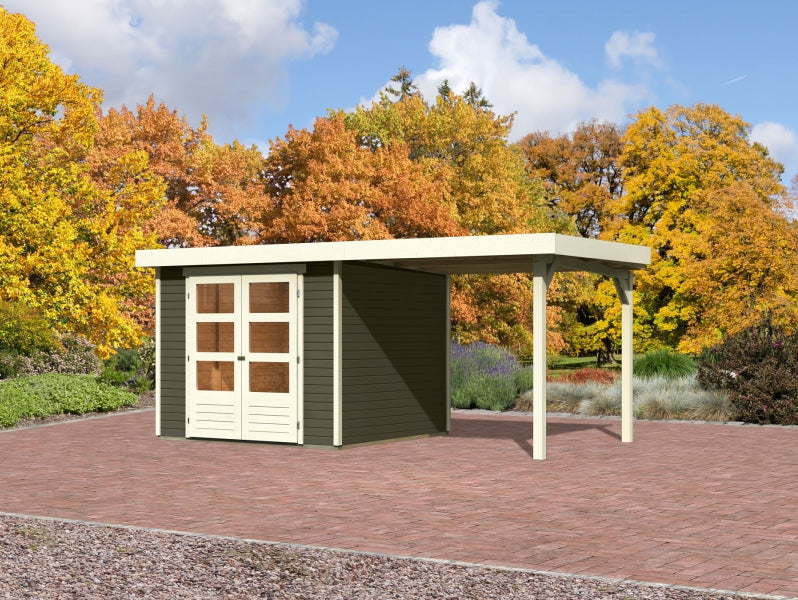 Karibu Gartenhaus Askola 3,5 mit Anbaudach 2,40 Meter terragrau