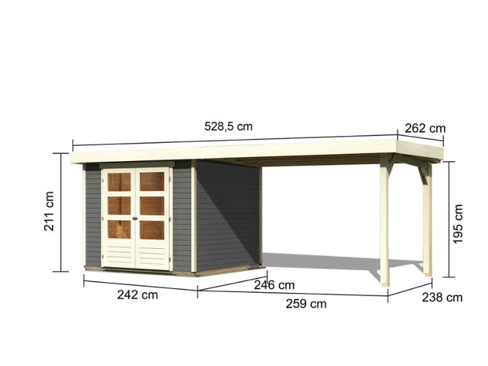 Karibu Gartenhaus Askola 3,5 mit Anbaudach 2,40 Meter terragrau