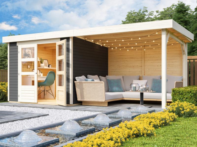 Karibu Gartenhaus Askola 3,5 mit Anbaudach 2,8 m, Rückwand in terragrau