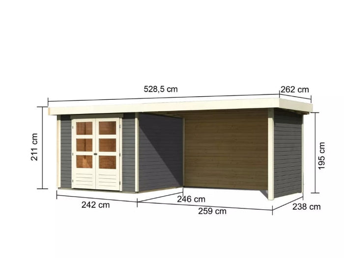 Karibu Gartenhaus Askola 3,5 mit Anbaudach 2,8 Meter, Seiten- und Rückwand in terragrau