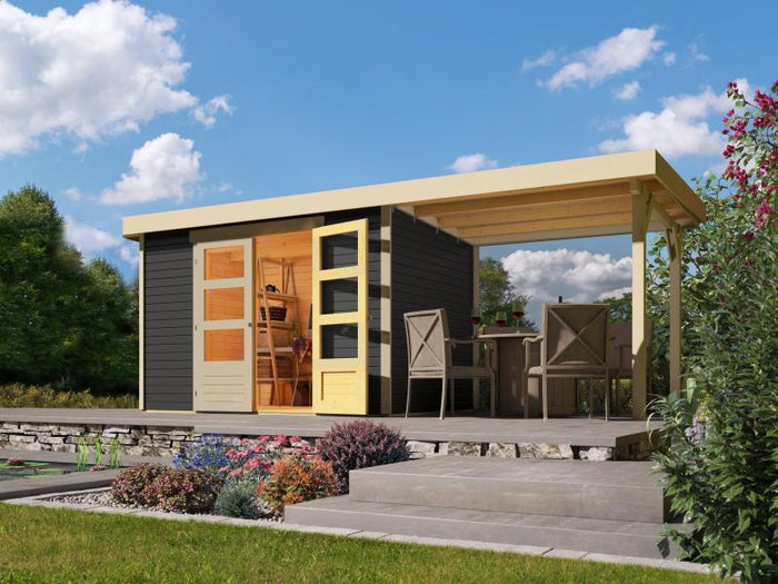Karibu Gartenhaus Askola 4 in terragrau mit Anbaudach 2,40 Meter
