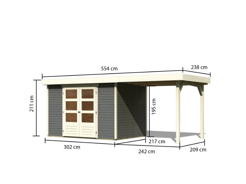 Karibu Gartenhaus Askola 4 in terragrau mit Anbaudach 2,40 Meter