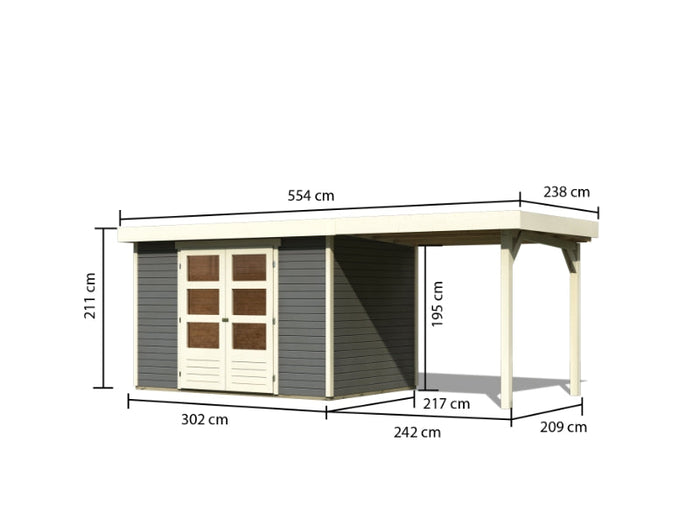 Karibu Gartenhaus Askola 4 in terragrau mit Anbaudach 2,40 Meter
