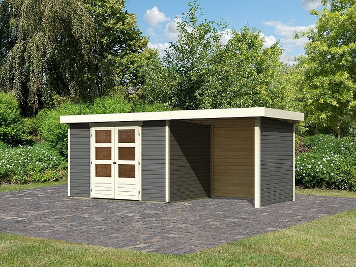 Karibu Gartenhaus Askola 4 in terragrau mit Anbaudach 2,40 Meter inkl. Rück-und Seitenwand