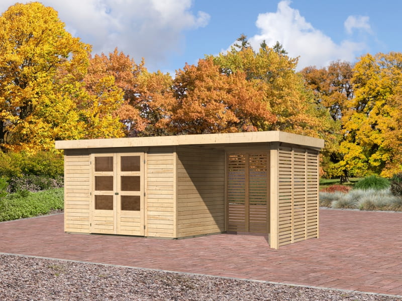 Karibu Gartenhaus Askola 4 mit Anbaudach 2,4 m, Lamellenwände