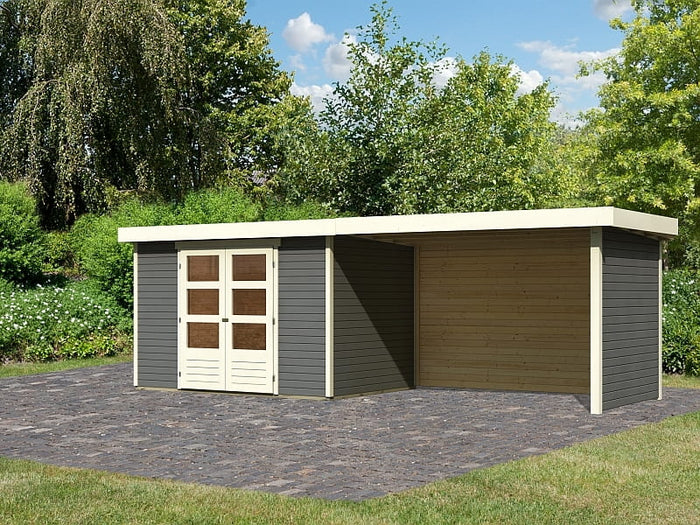 Karibu Gartenhaus Askola 4 terragrau mit Anbaudach 2,80 Meter inkl. Rück-und Seitenwand