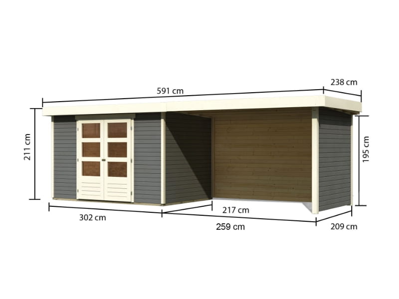 Karibu Gartenhaus Askola 4 terragrau mit Anbaudach 2,80 Meter inkl. Rück-und Seitenwand