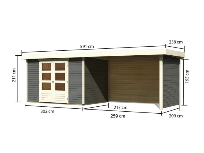 Karibu Gartenhaus Askola 4 terragrau mit Anbaudach 2,80 Meter inkl. Rück-und Seitenwand