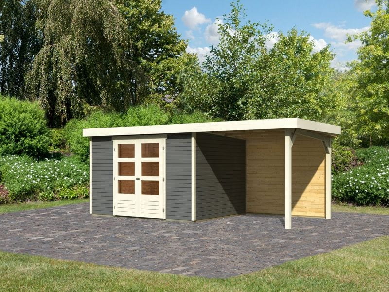 Karibu Gartenhaus Askola 5 mit Anbaudach 2,4 m, Rückwand in terragrau