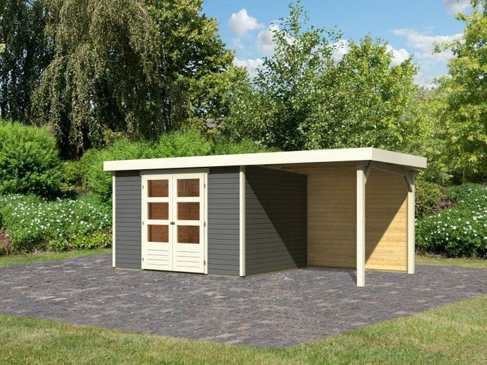 Karibu Gartenhaus Askola 5 mit Anbaudach 2,4 m, Rückwand in terragrau