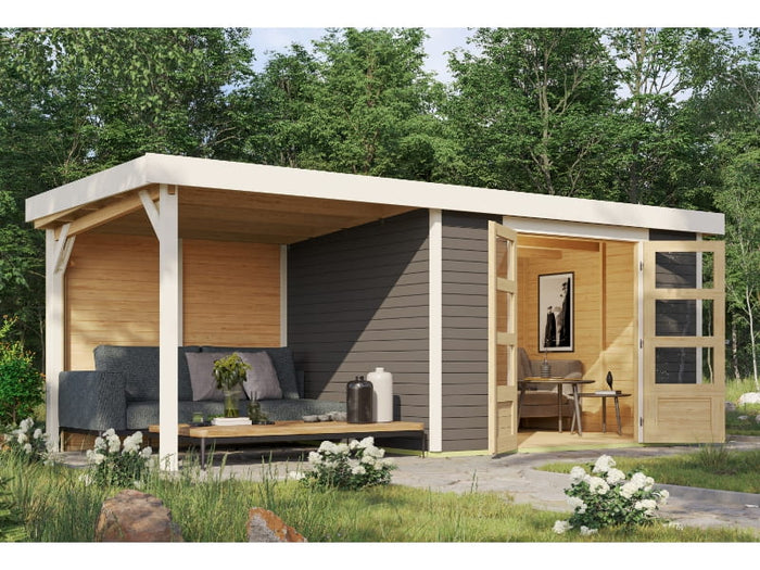 Karibu Gartenhaus Askola 5 mit Anbaudach 2,4 m, Rückwand in terragrau
