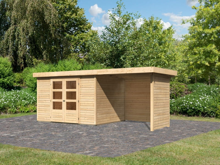 Karibu Gartenhaus Askola 5 mit Anbaudach 2,4 Meter, Seiten- und Rückwand