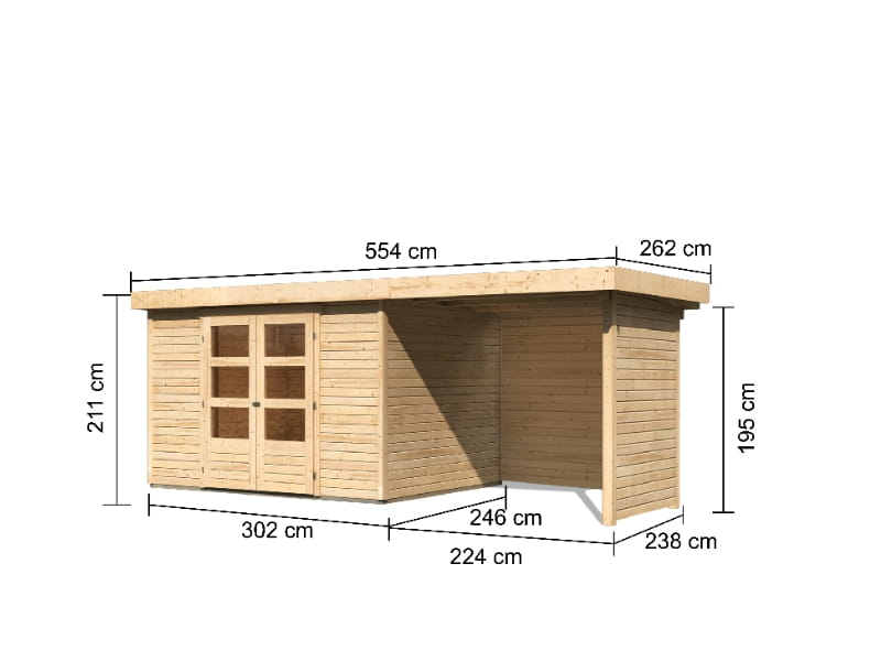 Karibu Gartenhaus Askola 5 mit Anbaudach 2,4 Meter, Seiten- und Rückwand