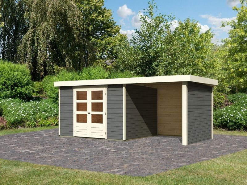 Karibu Gartenhaus Askola 5 mit Anbaudach 2,4 Meter, Seiten- und Rückwand in terragrau