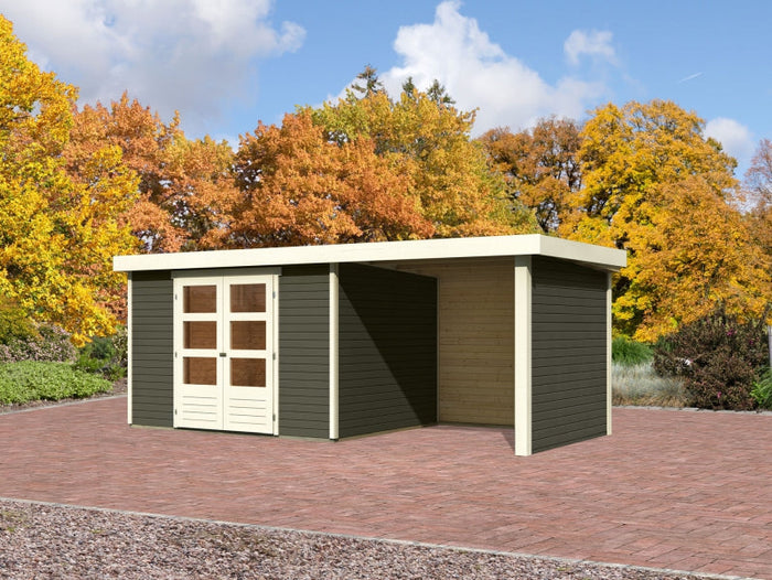Karibu Gartenhaus Askola 5 mit Anbaudach 2,4 Meter, Seiten- und Rückwand in terragrau