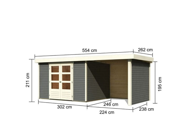 Karibu Gartenhaus Askola 5 mit Anbaudach 2,4 Meter, Seiten- und Rückwand in terragrau