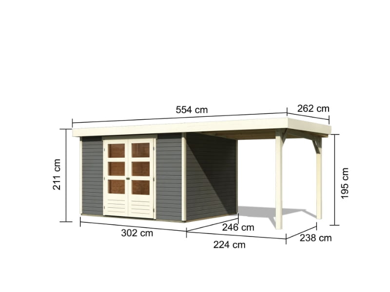 Karibu Gartenhaus Askola 5 mit Anbaudach 2,40 Meter terragrau