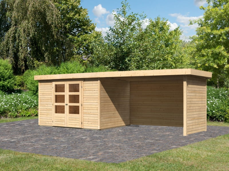 Karibu Gartenhaus Askola 5 mit Anbaudach 2,75 Meter, Seiten- und Rückwand