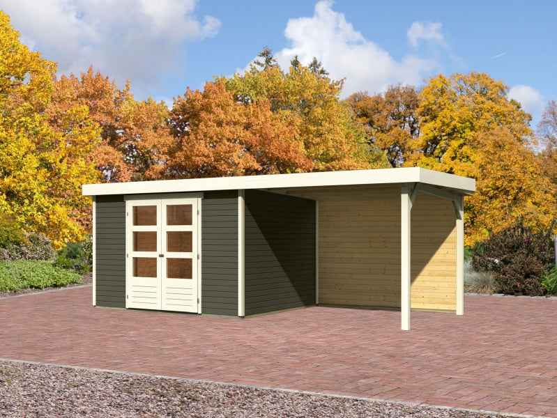 Karibu Gartenhaus Askola 5 mit Anbaudach 2,8 m, Rückwand in terragrau