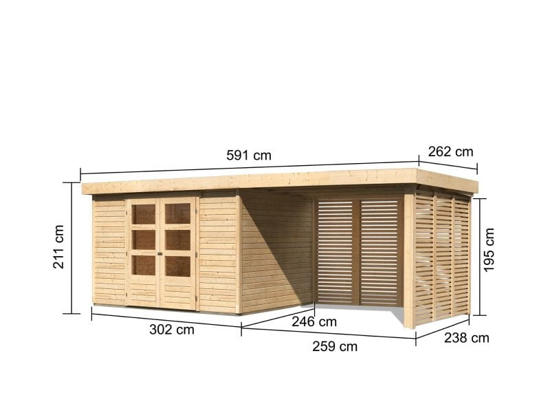 Karibu Gartenhaus Askola 5 mit Anbaudach 2,8 m, Lamellenwände