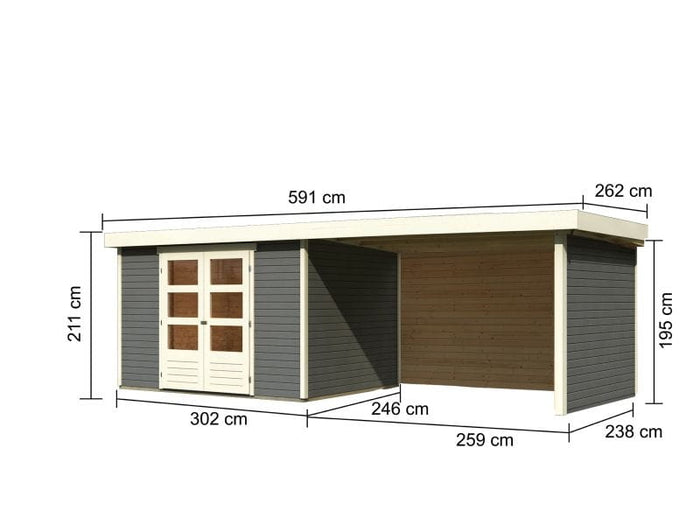 Karibu Gartenhaus Askola 5 mit Anbaudach 2,8 Meter, Seiten- und Rückwand, terragrau