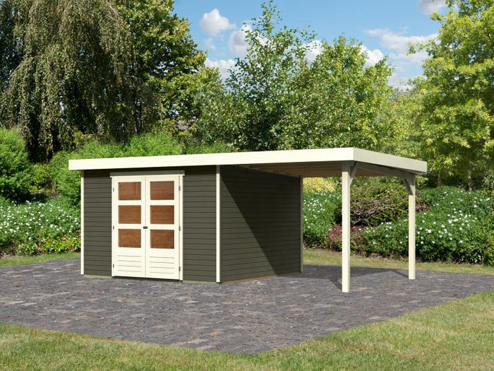 Karibu Gartenhaus Askola 6 in terragrau mit Anbaudach 2,4 Meter