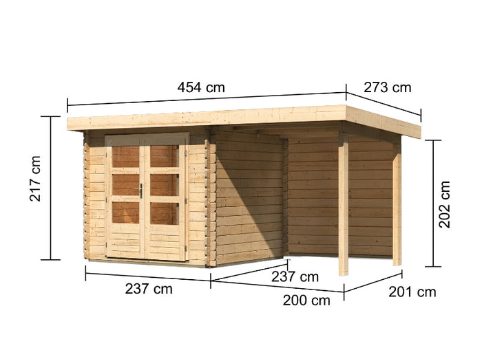 Karibu Gartenhaus Bastrup 2 mit Anbaudach 2 Meter inkl. Rückwand