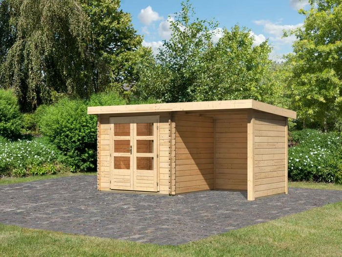 Karibu Gartenhaus Bastrup 2 mit Anbaudach 2 Meter, Seiten- und Rückwand