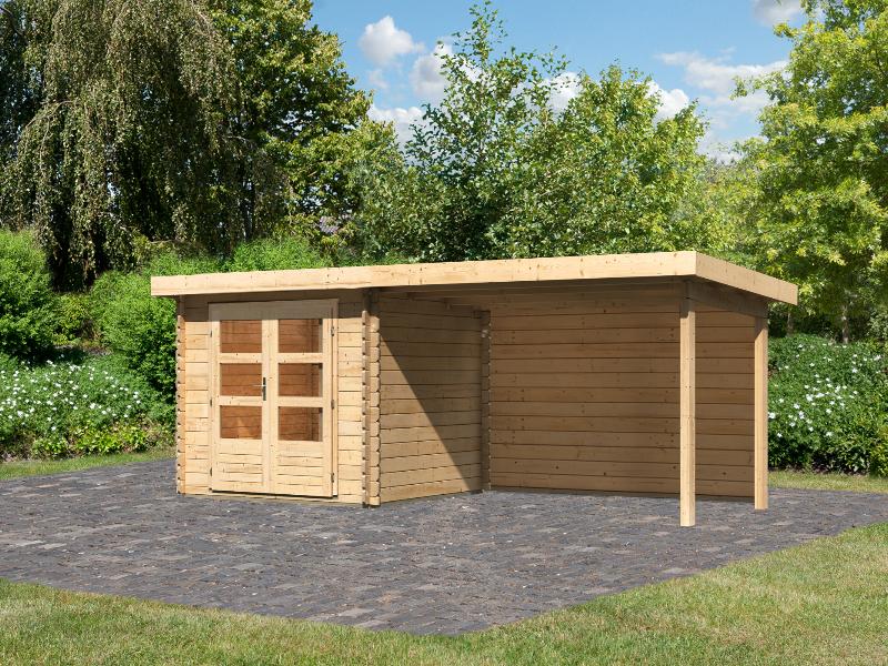 Karibu Gartenhaus Bastrup 2 mit Anbaudach 3 Meter inkl. Rückwand natur