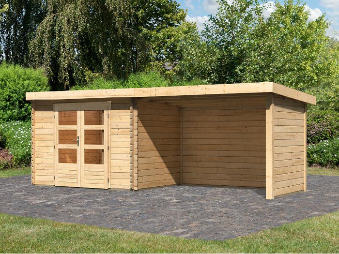 Karibu Gartenhaus Bastrup 3 mit Anbaudach 3 Meter inkl. Rück-und Seitenwand