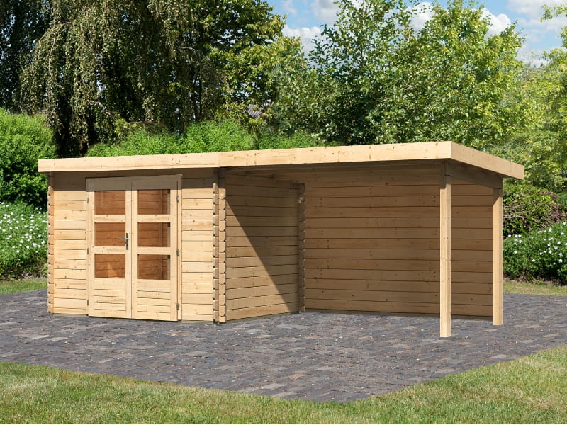 Karibu Gartenhaus Bastrup 3 mit Anbaudach 3 Meter inkl. Rückwand natur