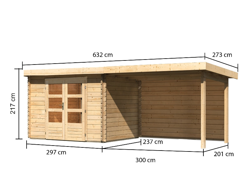Karibu Gartenhaus Bastrup 3 mit Anbaudach 3 Meter inkl. Rückwand natur