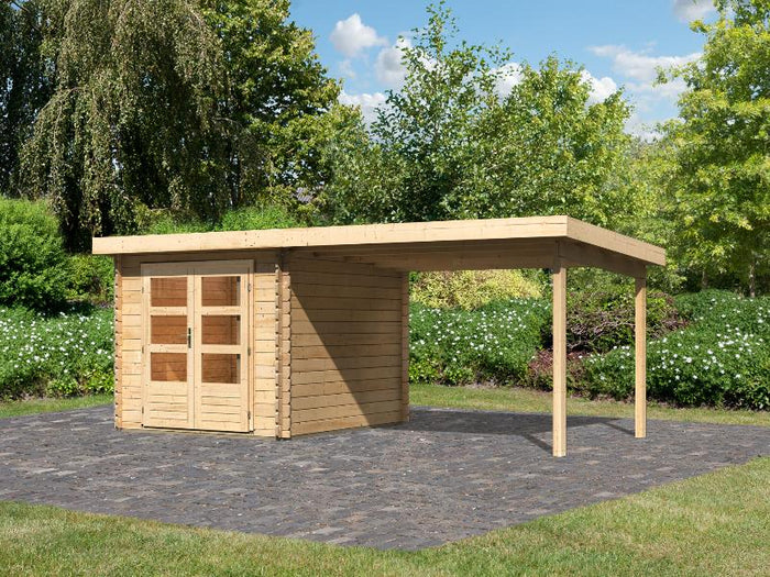 Karibu Gartenhaus Bastrup 4 mit Anbaudach 3 Meter natur